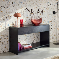 Consolle con 2 cassetti e 1 ripiano, effetto legno arrotondato, nero