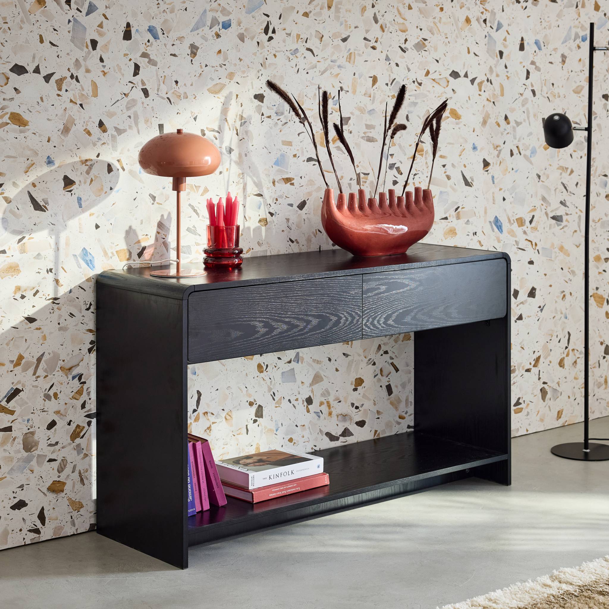 Consolle con 2 cassetti e 1 ripiano, effetto legno arrotondato, nero