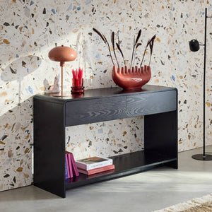 Consolle con 2 cassetti e 1 ripiano, effetto legno arrotondato, nero