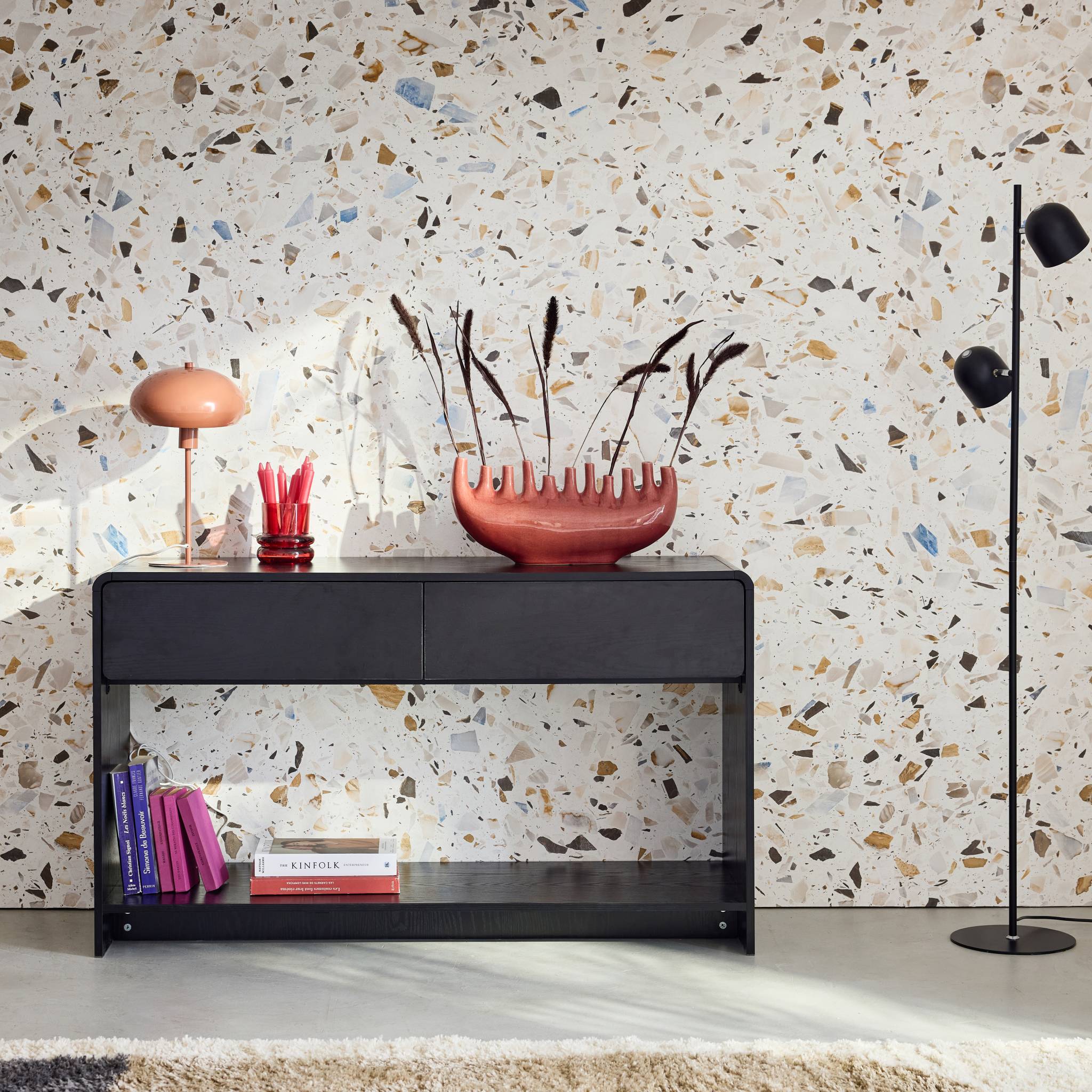 Consolle con 2 cassetti e 1 ripiano, effetto legno arrotondato, nero