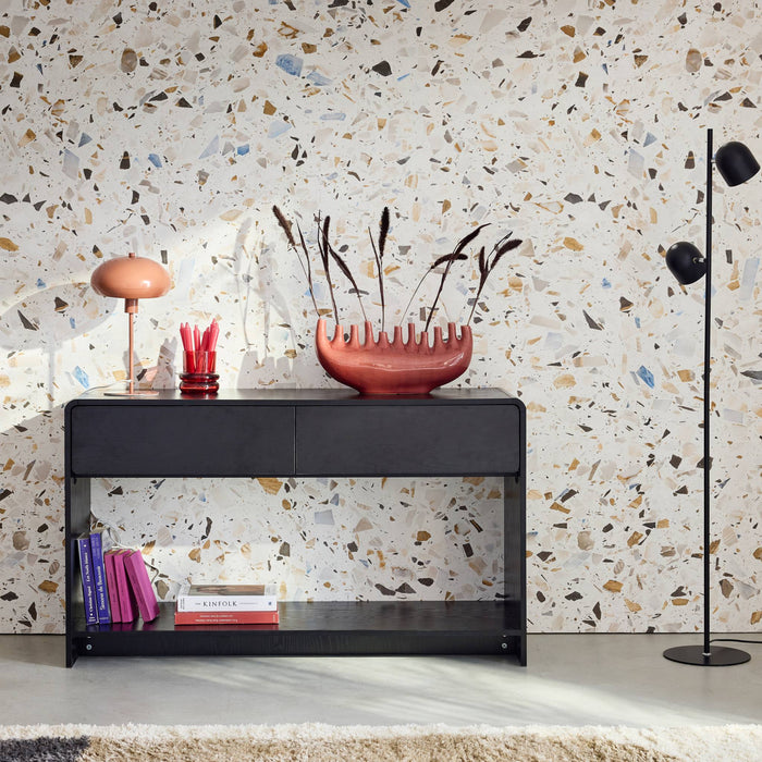 Consolle con 2 cassetti e 1 ripiano, effetto legno arrotondato, nero