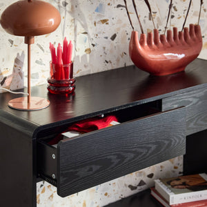 Consolle con 2 cassetti e 1 ripiano, effetto legno arrotondato, nero