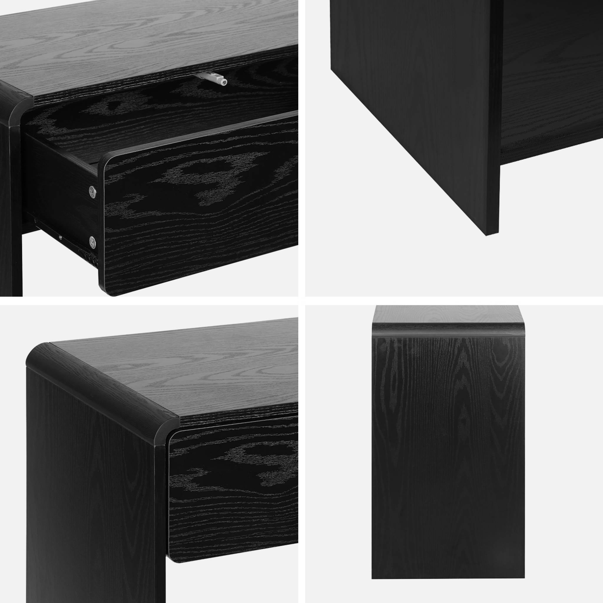 Consolle con 2 cassetti e 1 ripiano, effetto legno arrotondato, nero