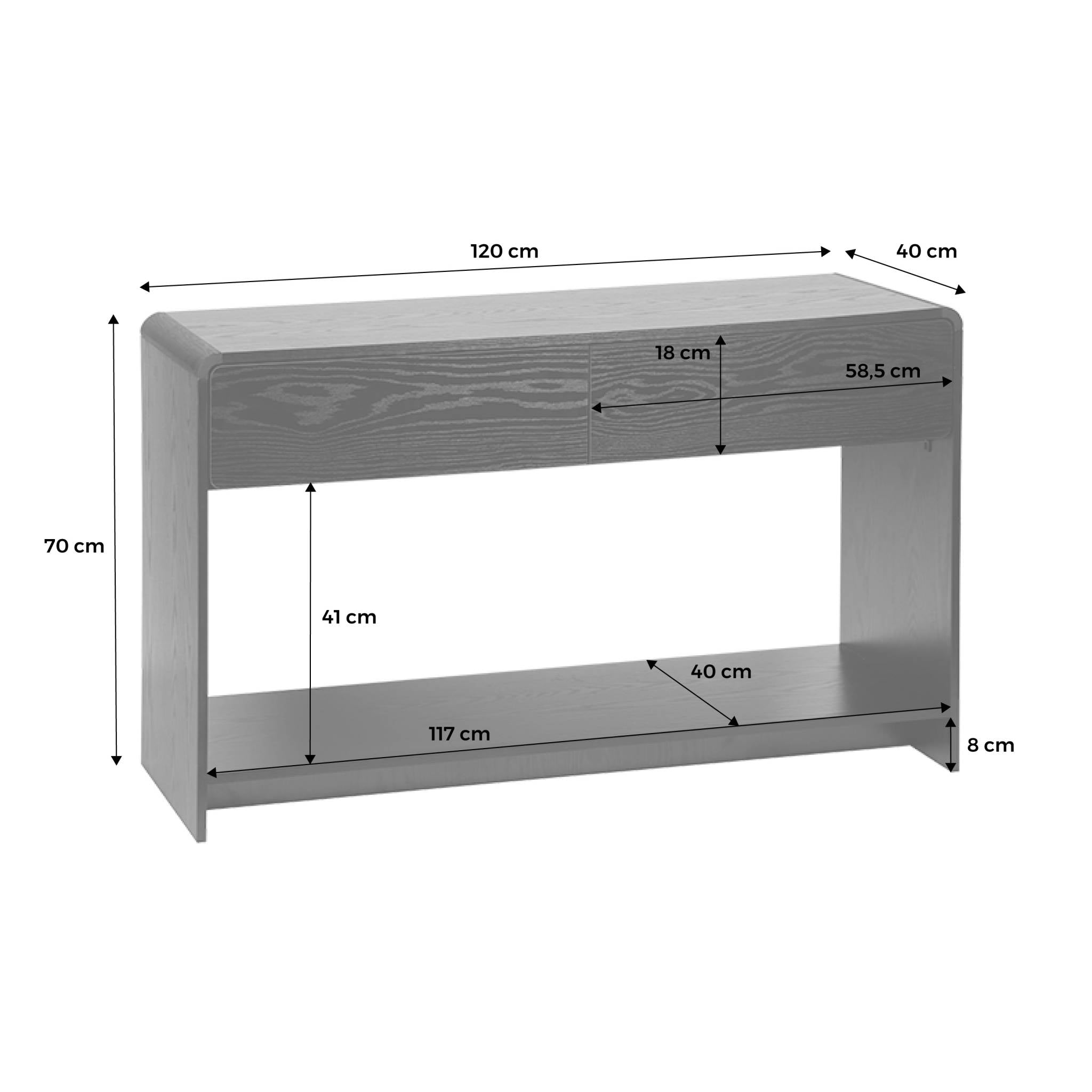Consolle con 2 cassetti e 1 ripiano, effetto legno arrotondato, nero