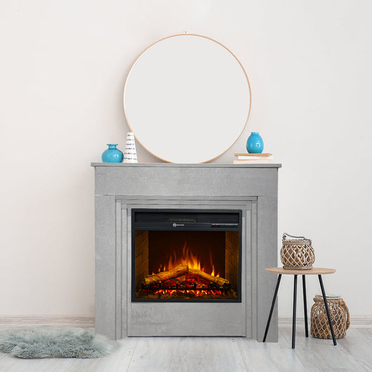 Camino elettrico caminetto da terra BELLINI in legno effetto Cemento Made in Italy L96 x P35 x H96