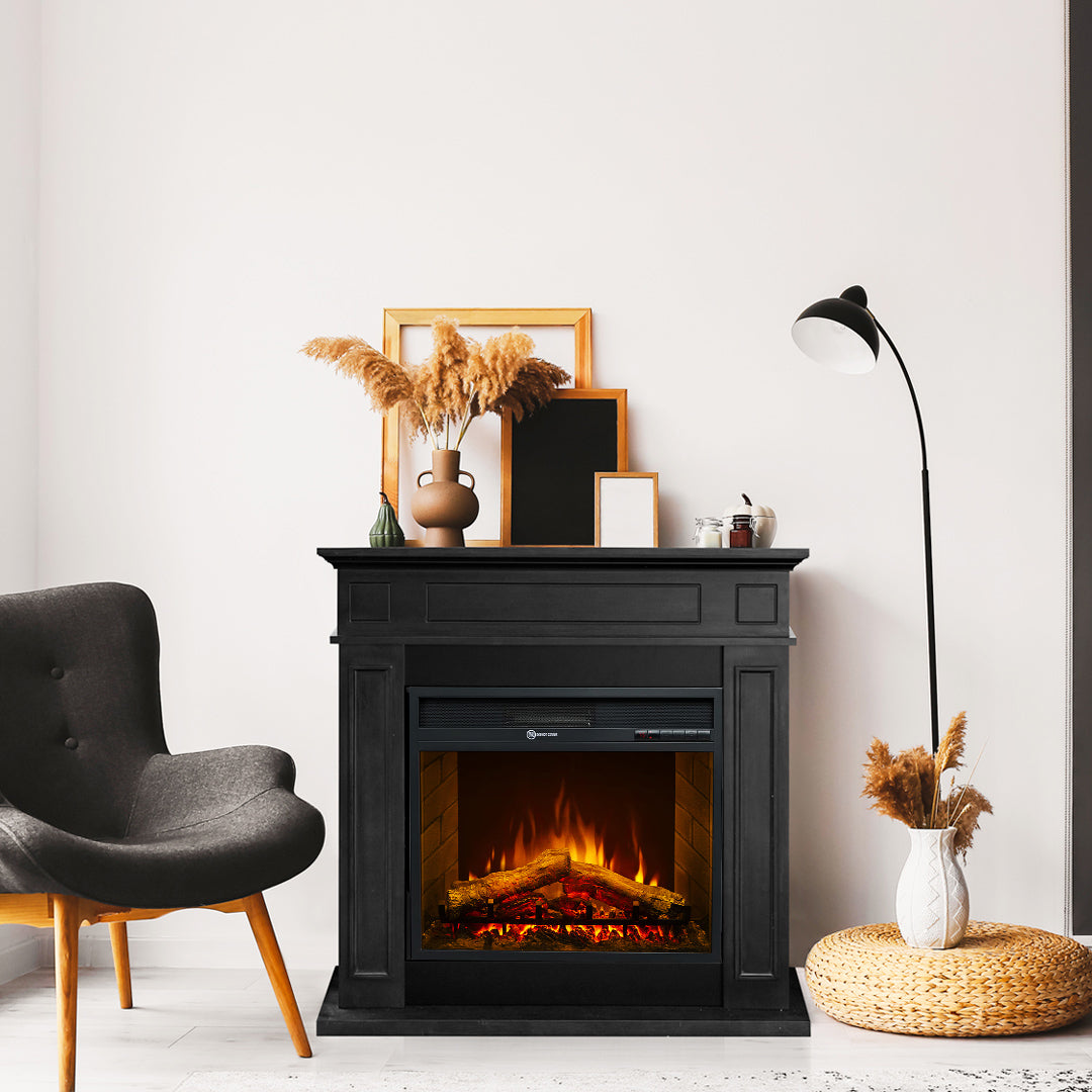 Camino elettrico caminetto da terra JEFFERSON in legno Nero L 89,5 x H90,5 x P28