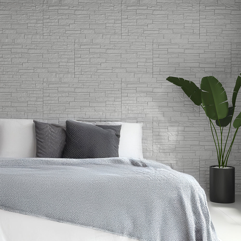 Pannello decorativo effetto pietra mattoni 3D set 12 pz 8,6 mt2 rivestimento murale in PU 120 x 60 x 2,5 Quarzite Bianco
