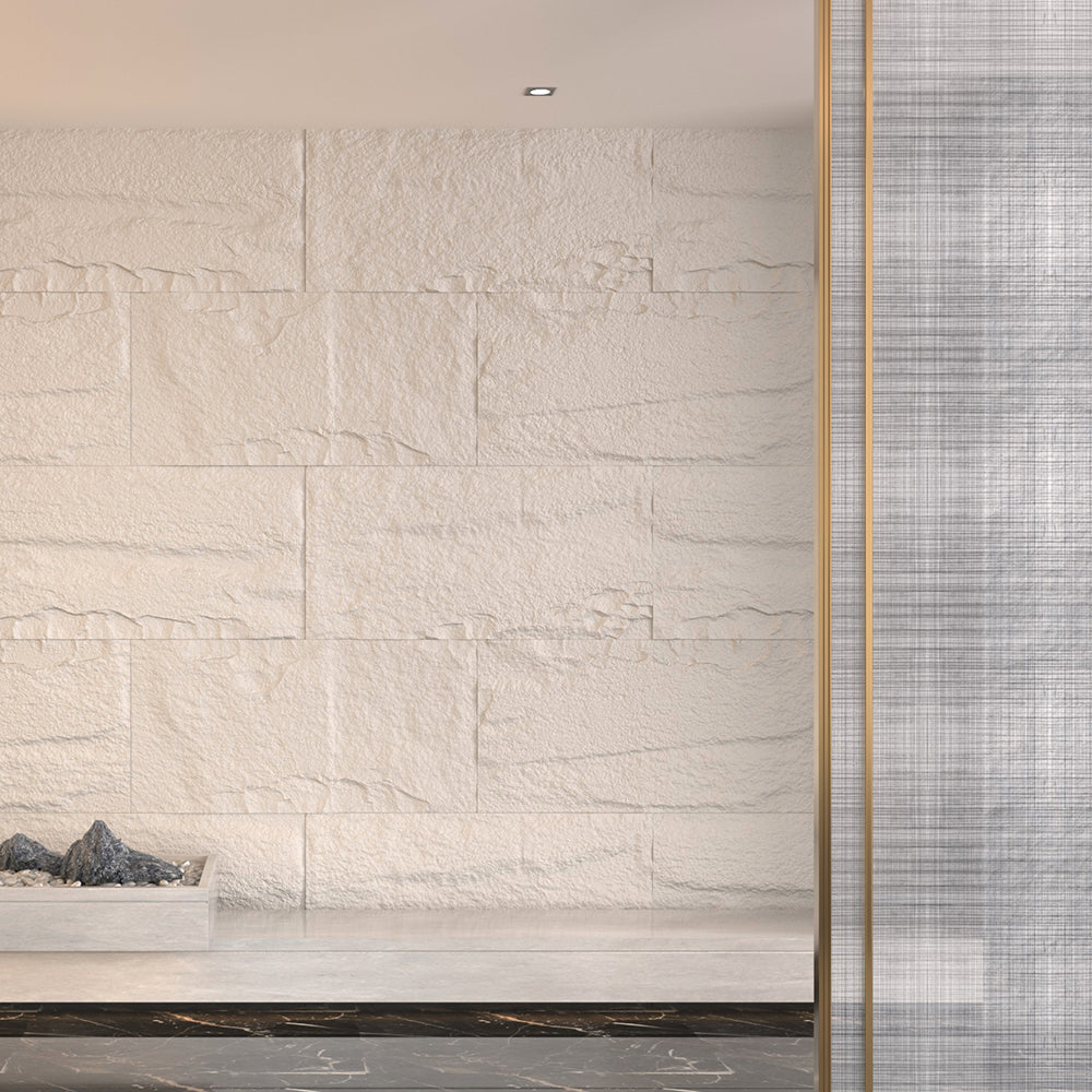 Pannello decorativo effetto roccia pietra 3D set 10 pz 7,2 mt2 rivestimento murale in PU 120 x 60 x 3 Bianco Leccese