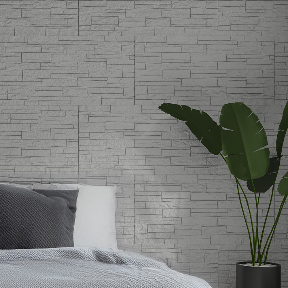 Pannello decorativo effetto pietra mattoni 3D set 12 pz 8,6 mt2 rivestimento murale in PU 120 x 60 x 2,5 Quarzite Bianco