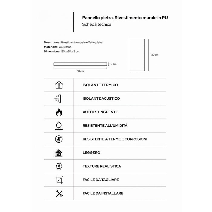 Pannello decorativo effetto roccia pietra 3D set 10 pz 7,2 mt2 rivestimento murale in PU 120 x 60 x 3 Bianco Leccese
