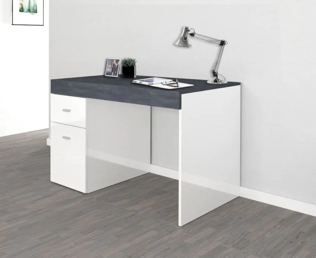 Scrivania 1 anta e 1 cassetto bianco lucido e ardesia, made in Italy, ZTC59157762