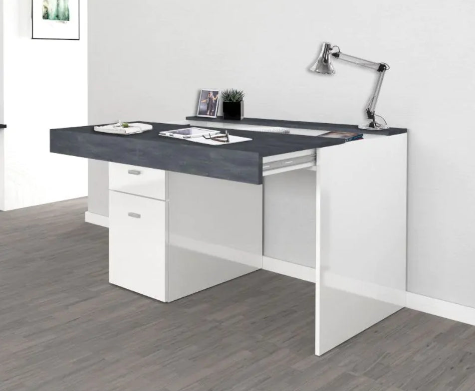 Scrivania 1 anta e 1 cassetto bianco lucido e ardesia, made in Italy, ZTC59157762