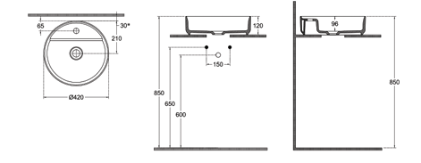 Lavabo tondo da appoggio senza troppo pieno in ceramica con foro rubinetto - Avorio Opaco