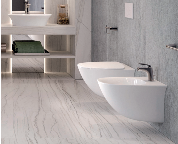 Sanitari sospesi Rak Ceramics serie SENSATION salvaspazio cm 48 vaso, bidet, copriwater soft-close - Bianco Lucido