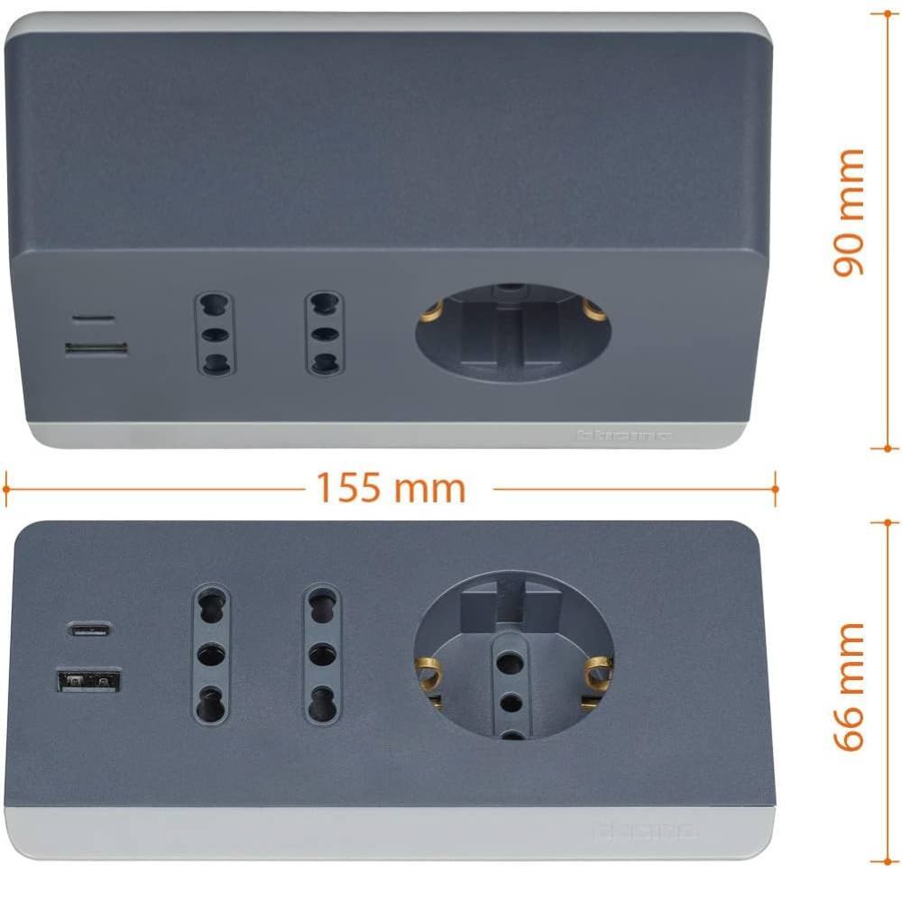 Bticino multipresa da scrivania con usb e presa schuko *** colore grigio, confezione 1