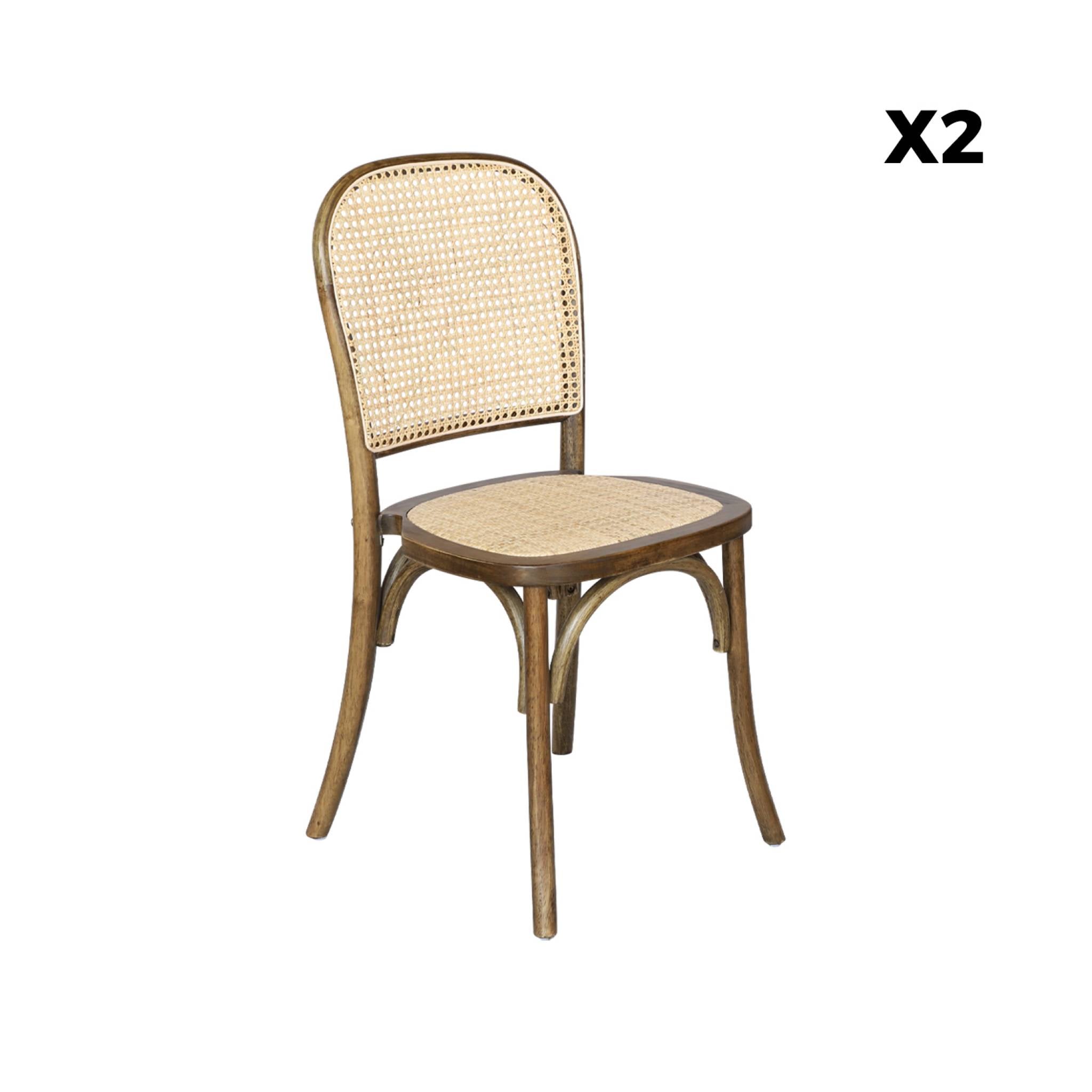 Set di 2 sedie vintage in legno e rattan, marrone