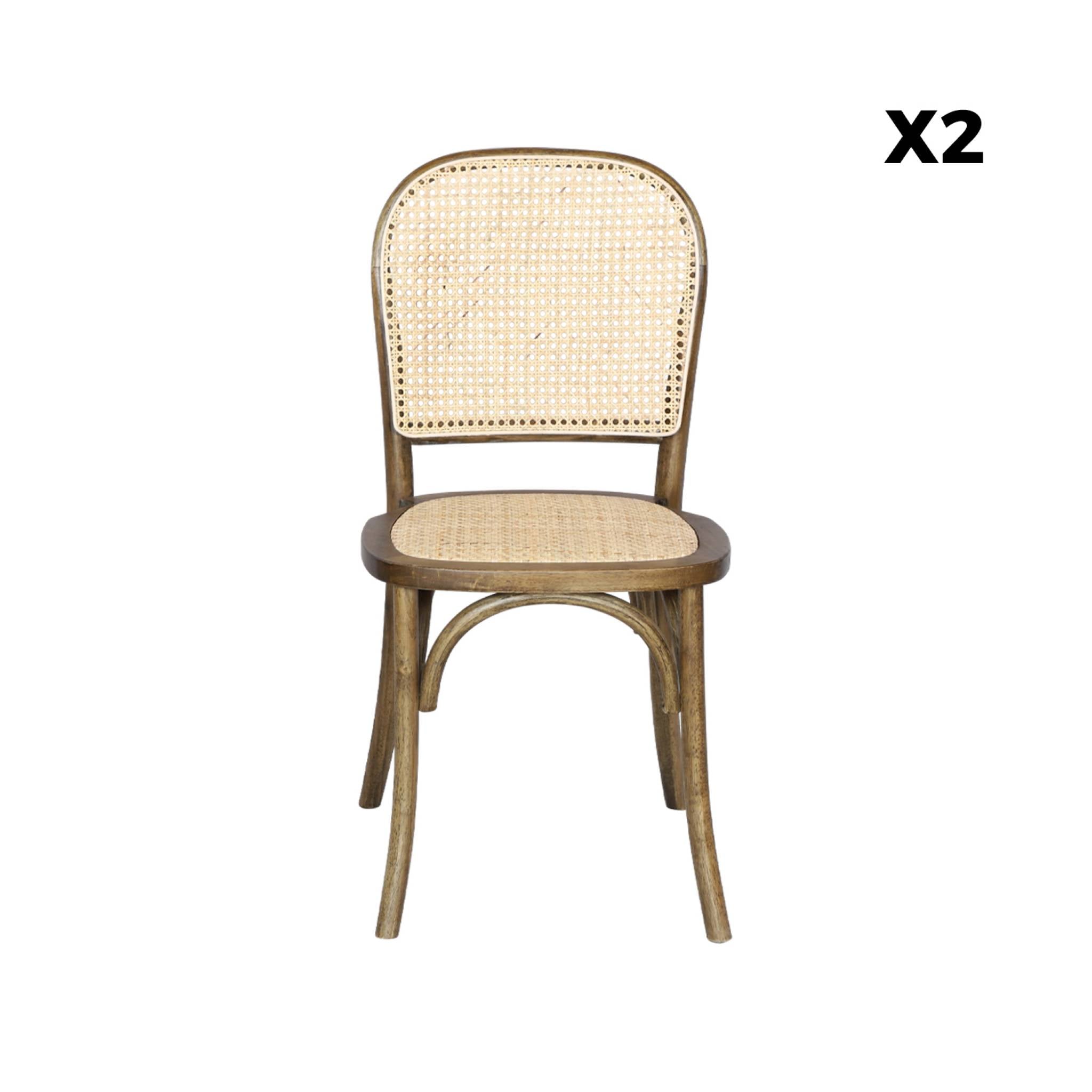 Set di 2 sedie vintage in legno e rattan, marrone