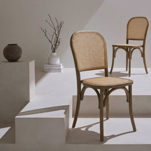 Set di 2 sedie vintage in legno e rattan, marrone