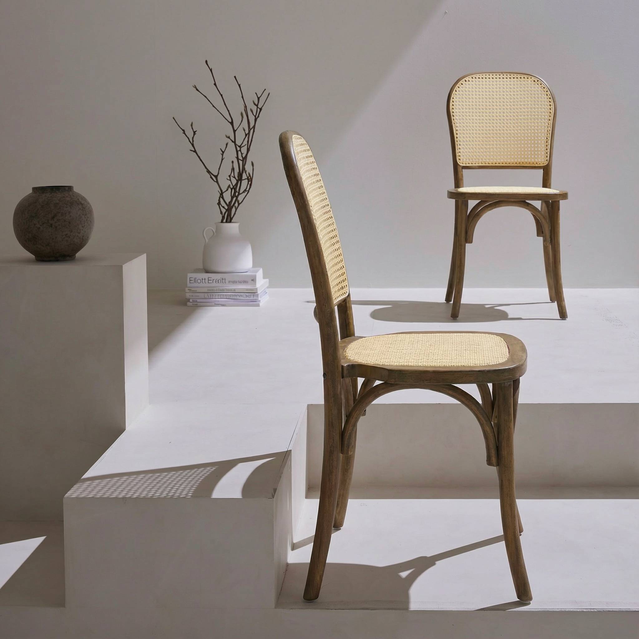 Set di 2 sedie vintage in legno e rattan, marrone