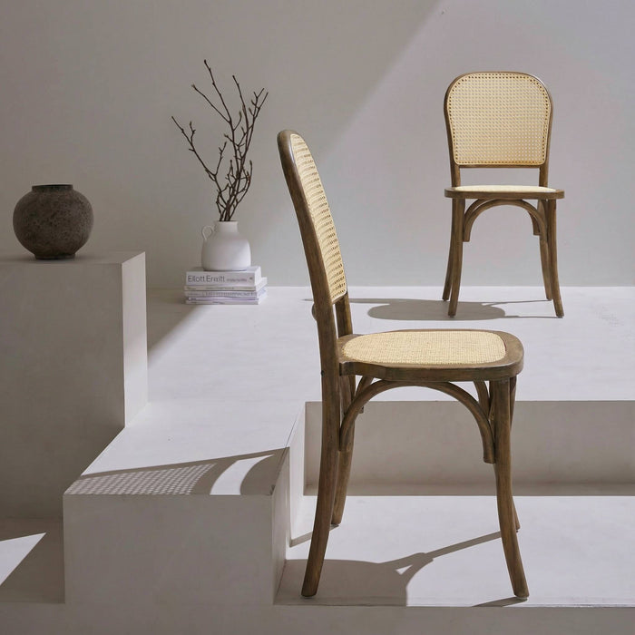 Set di 2 sedie vintage in legno e rattan, marrone