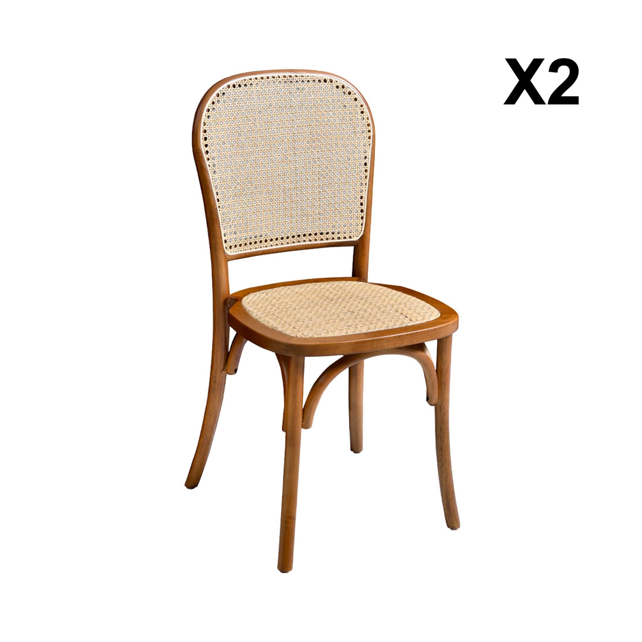 Set di 2 sedie vintage in legno e rattan, marrone