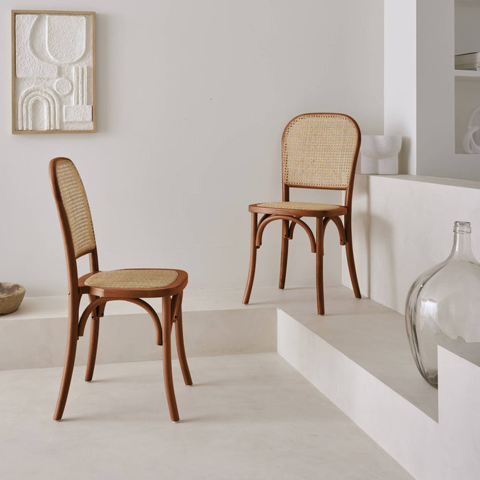 Set di 2 sedie vintage in legno e rattan, marrone
