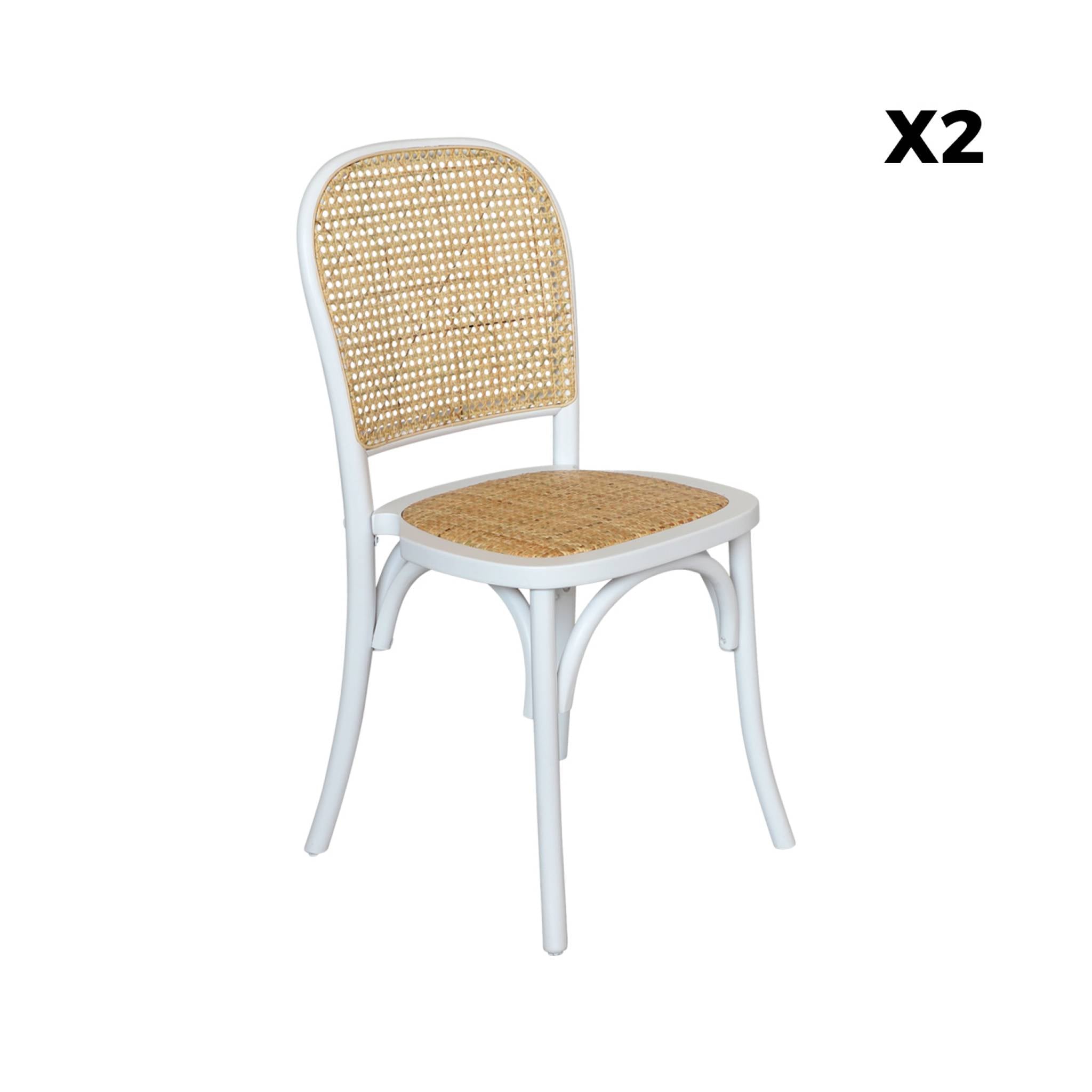 Vintage houten en rotan stoel (set van 2), bianco
