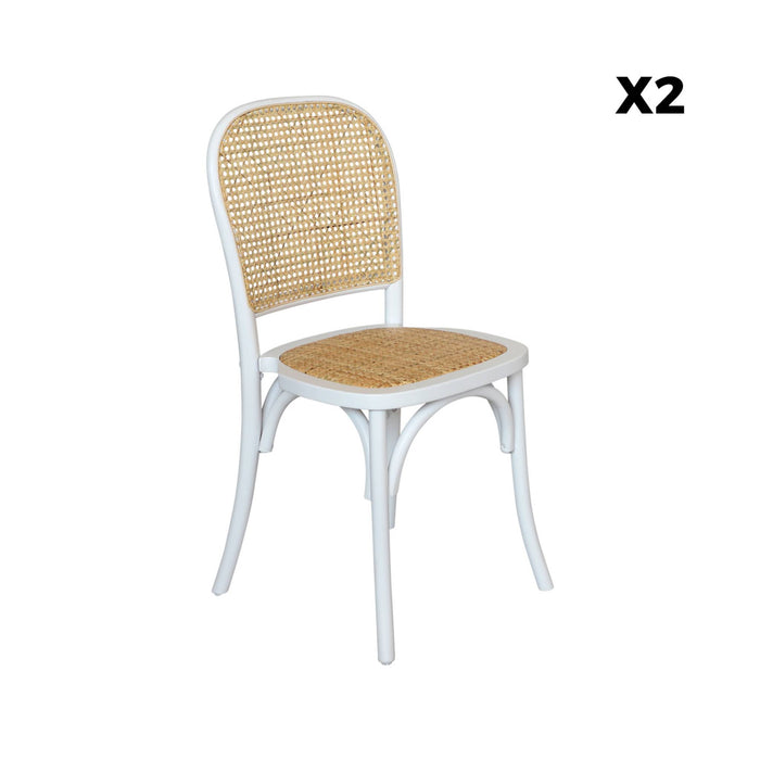 Vintage houten en rotan stoel (set van 2), bianco