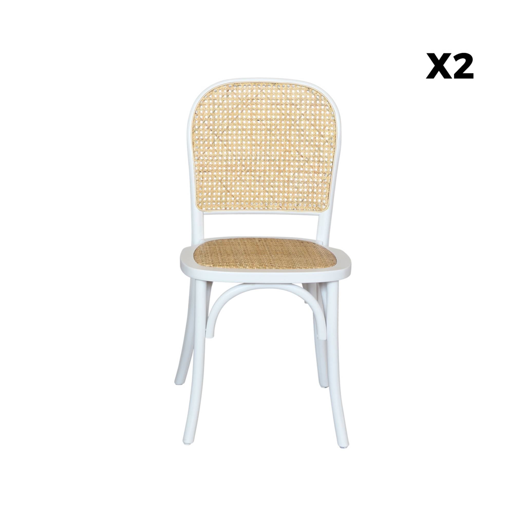 Vintage houten en rotan stoel (set van 2), bianco