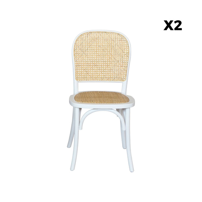 Vintage houten en rotan stoel (set van 2), bianco