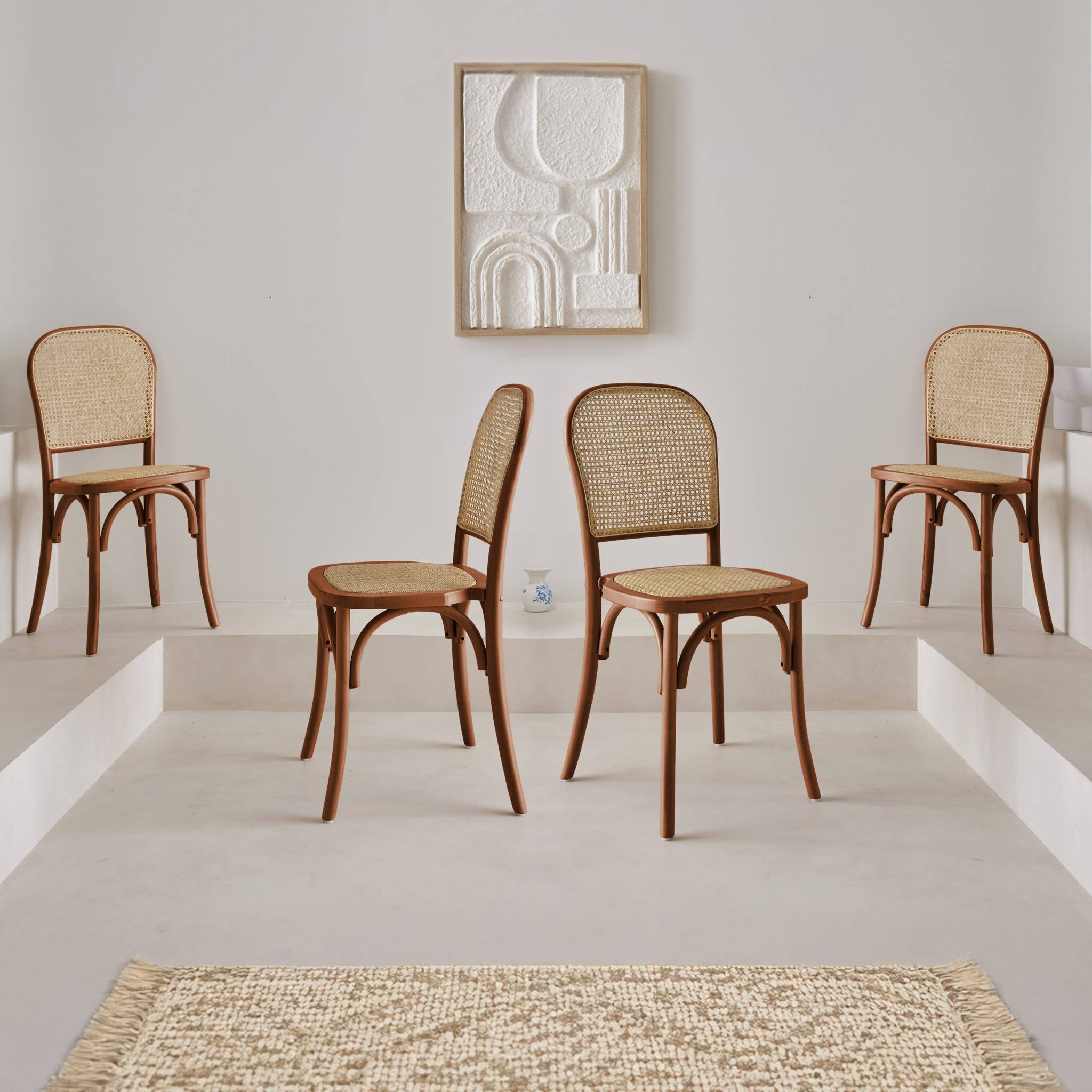 Set di 4 sedie in legno e rattan vintage , effetto noce