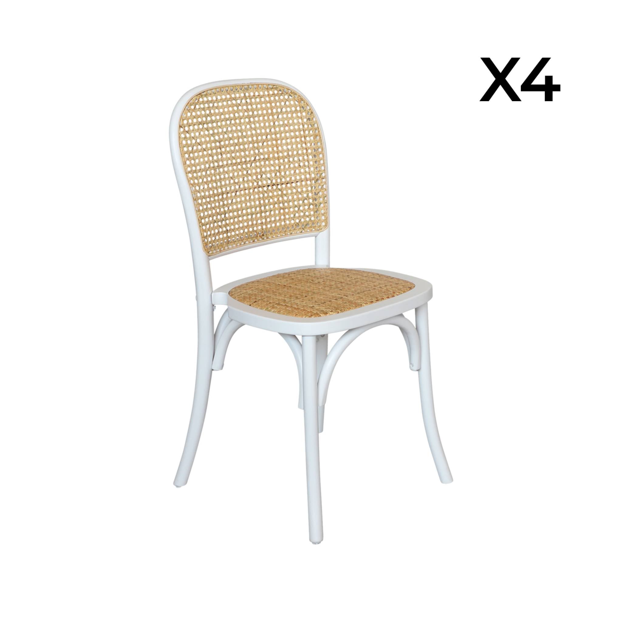 Set di 4 sedie in legno e rattan vintage , bianco