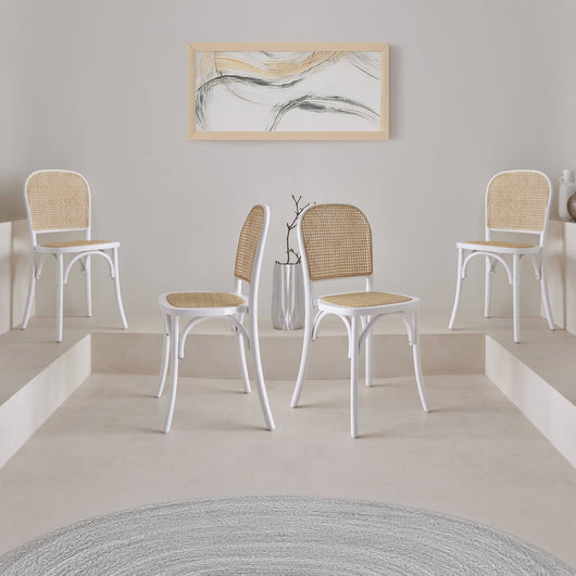 Set di 4 sedie in legno e rattan vintage , bianco