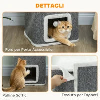 Torre per Gatti con 3 Casette, 3 Palline e Posatoio, in Legno, Tessuto e Peluche, 41x41x100 cm, Grigio e Bianco