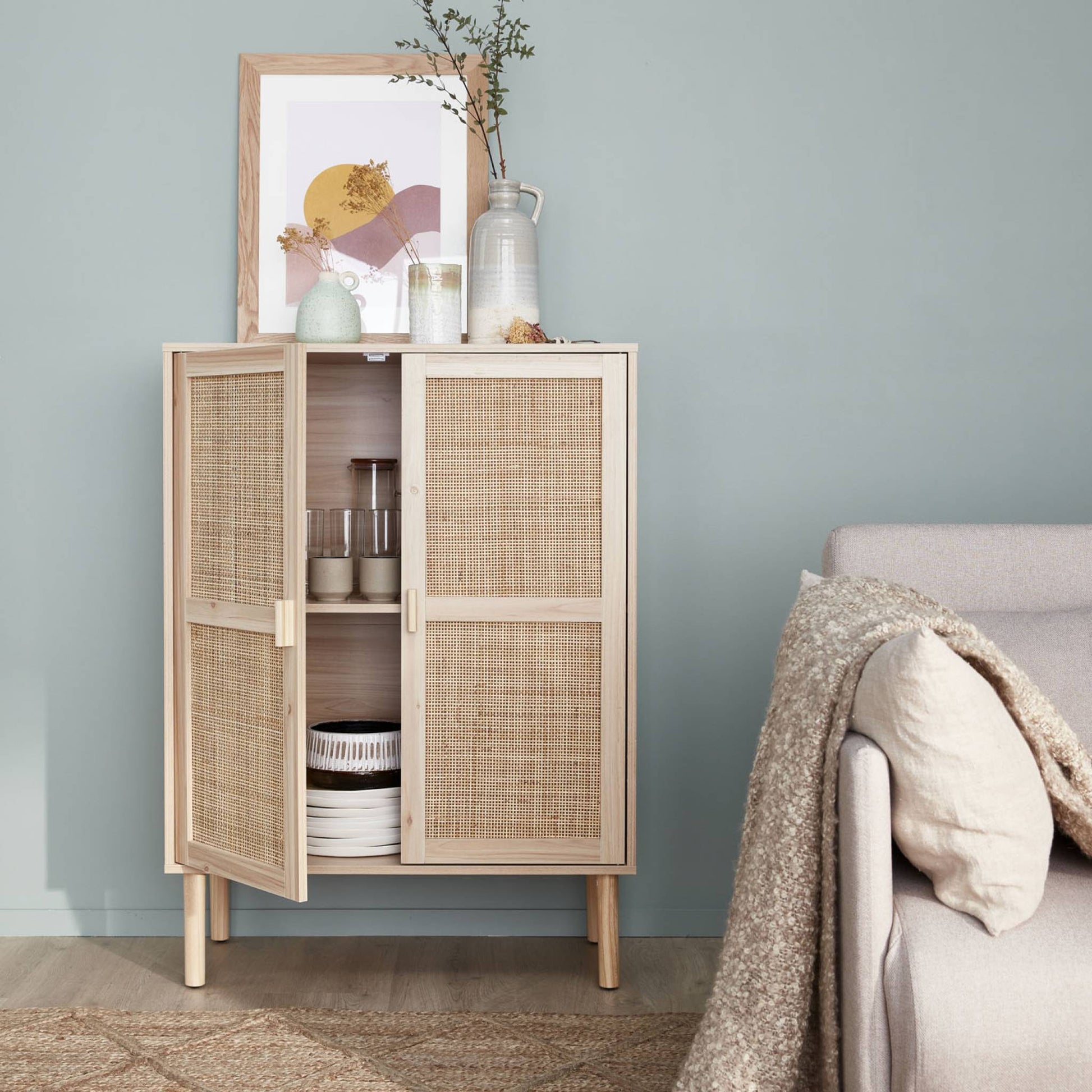 Credenza effetto canna e legno a 2 ante, 80cm, marrone naturale