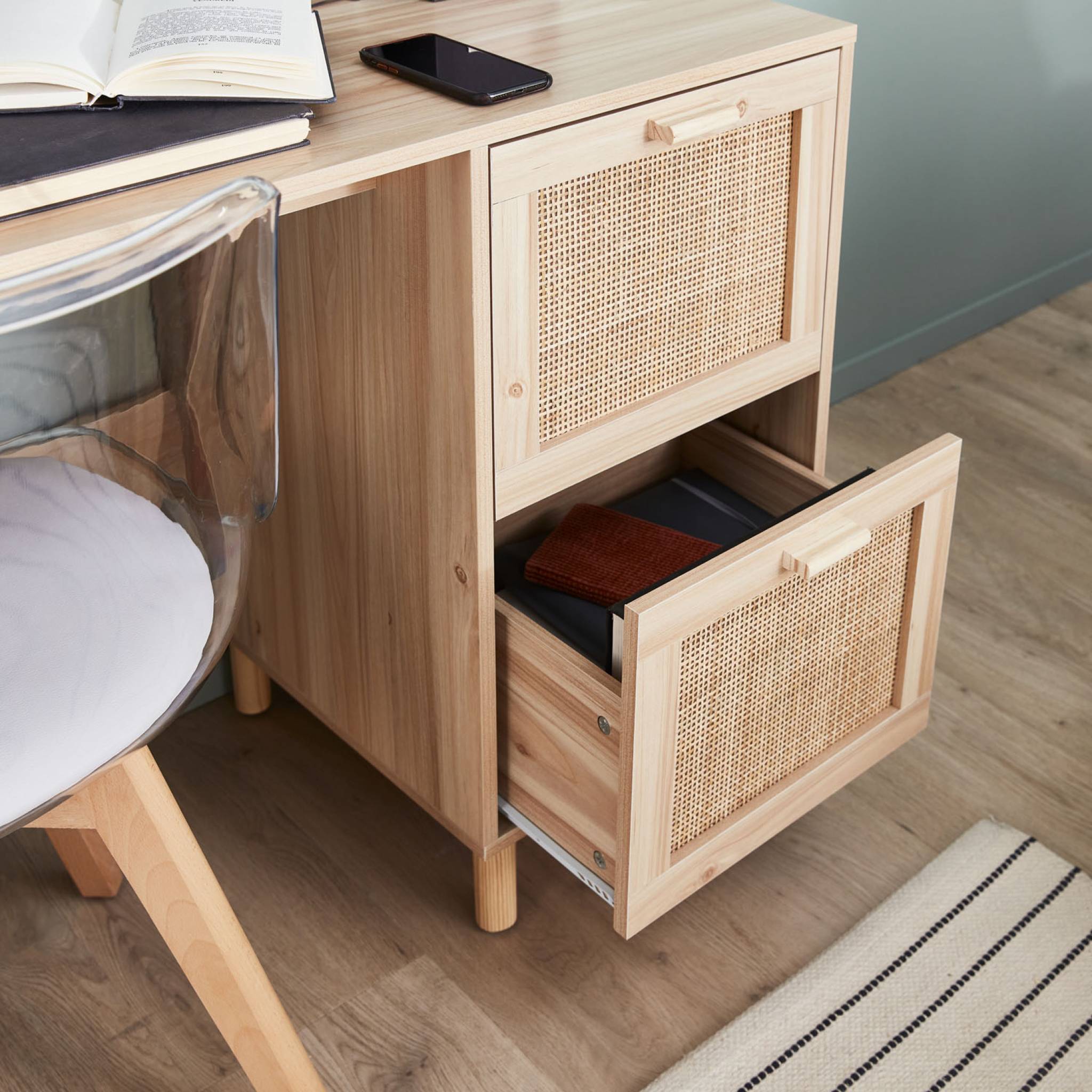 Scrivania in canna e legno 2 cassetti, marrone naturale