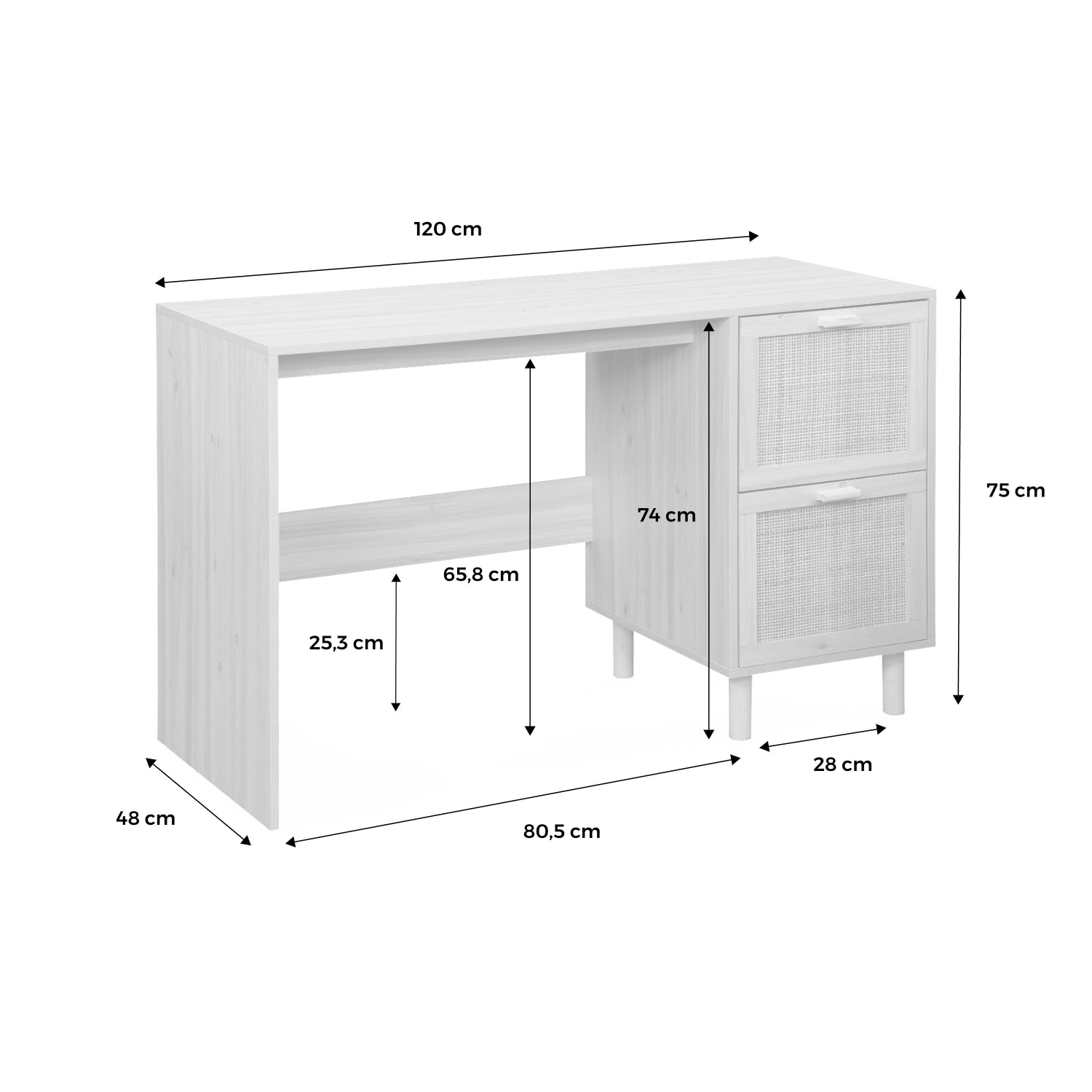 Scrivania in canna e legno 2 cassetti, marrone naturale