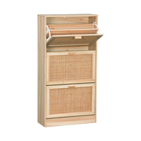 Scarpiera con decoro in canna e legno a 3 ante, marrone naturale