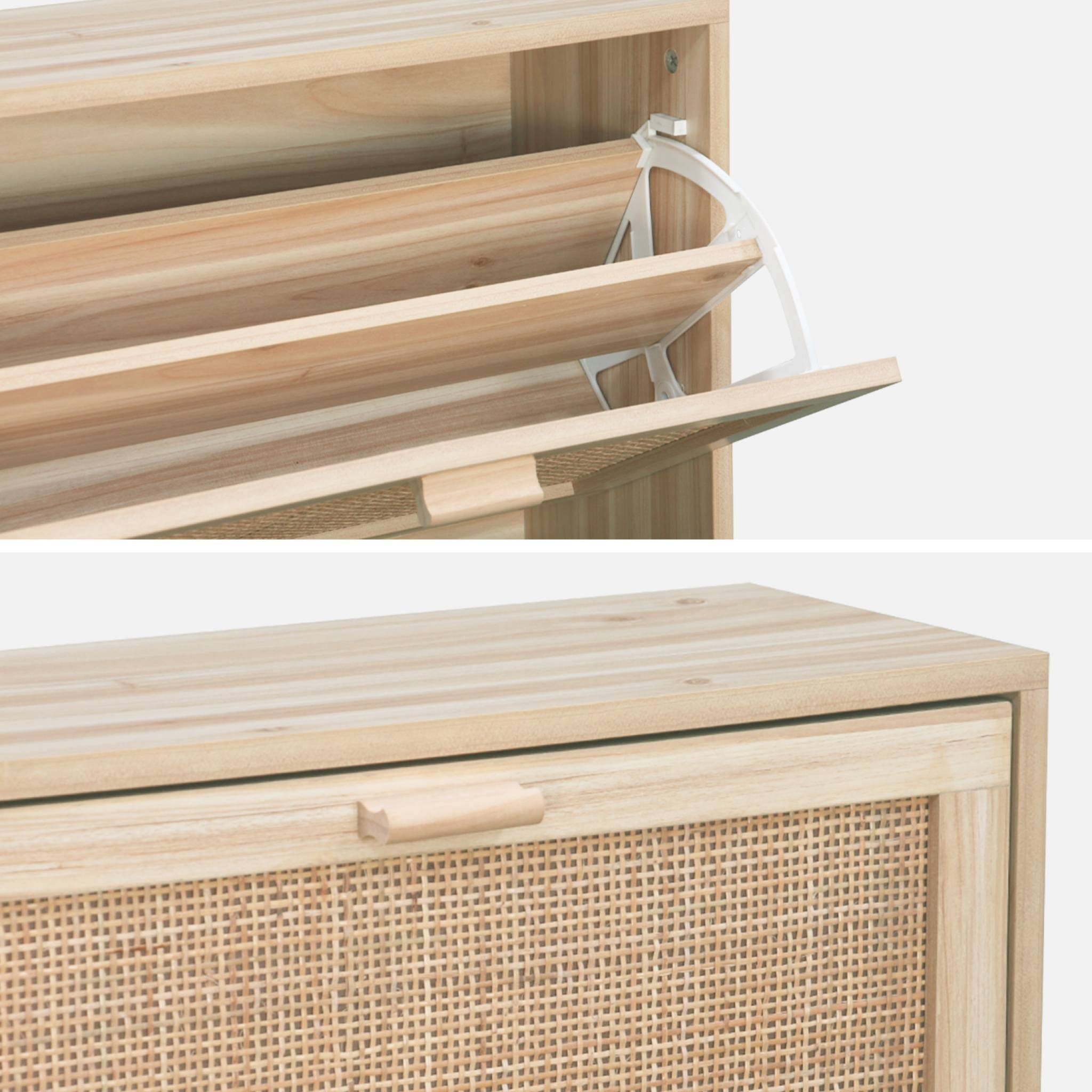 Scarpiera con decoro in canna e legno a 3 ante, marrone naturale