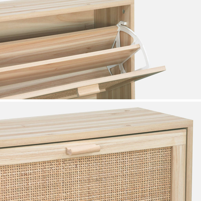 Scarpiera con decoro in canna e legno a 3 ante, marrone naturale