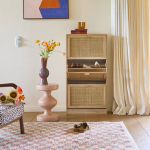 Scarpiera con decoro in canna e legno a 3 ante, marrone naturale