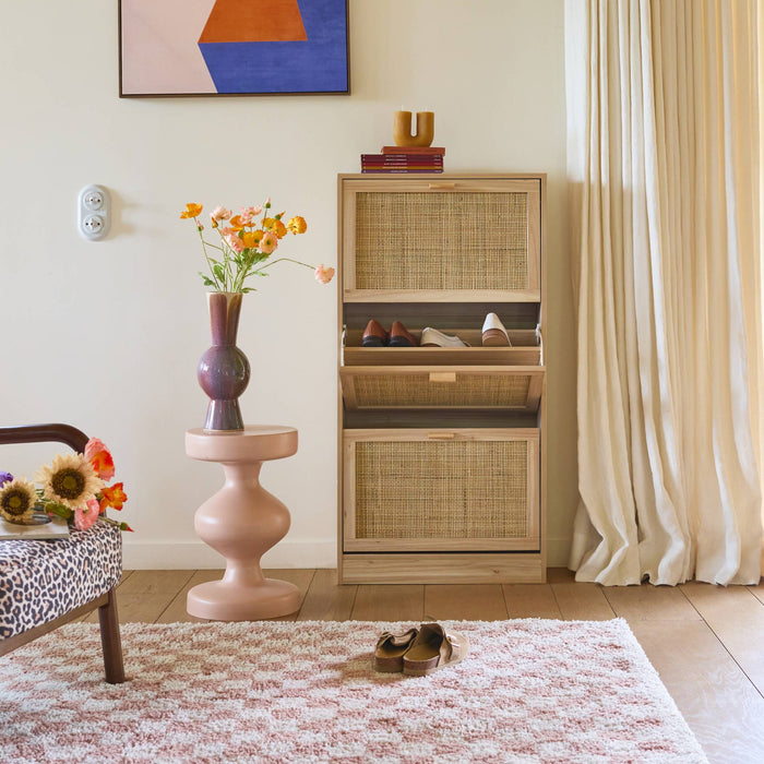 Scarpiera con decoro in canna e legno a 3 ante, marrone naturale