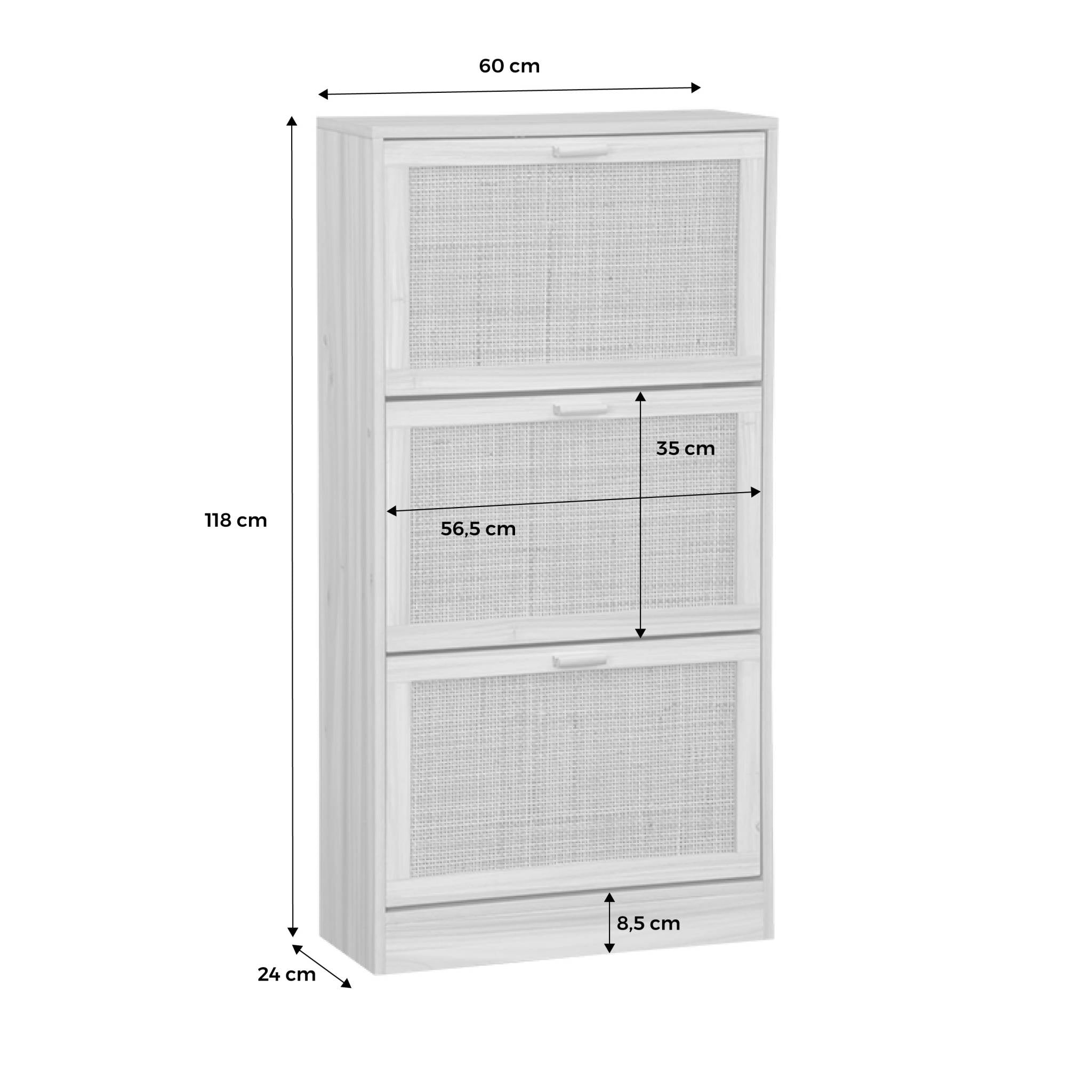 Scarpiera con decoro in canna e legno a 3 ante, marrone naturale