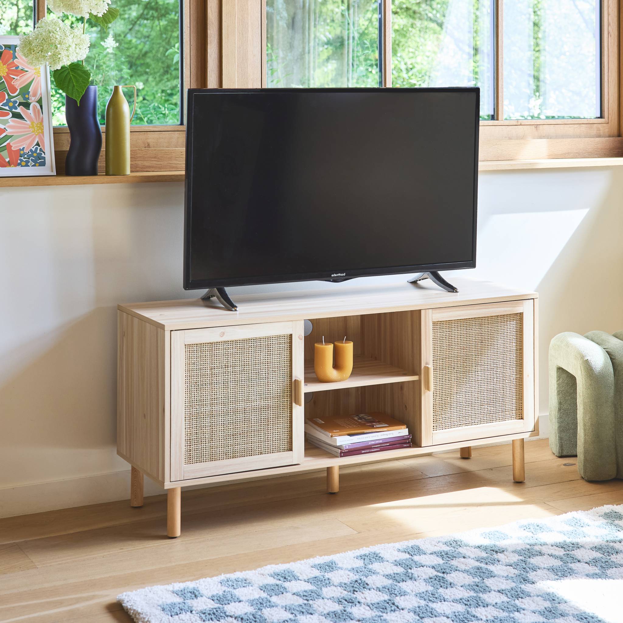 Mobile tv effetto canna e legno, 120cm, marrone naturale