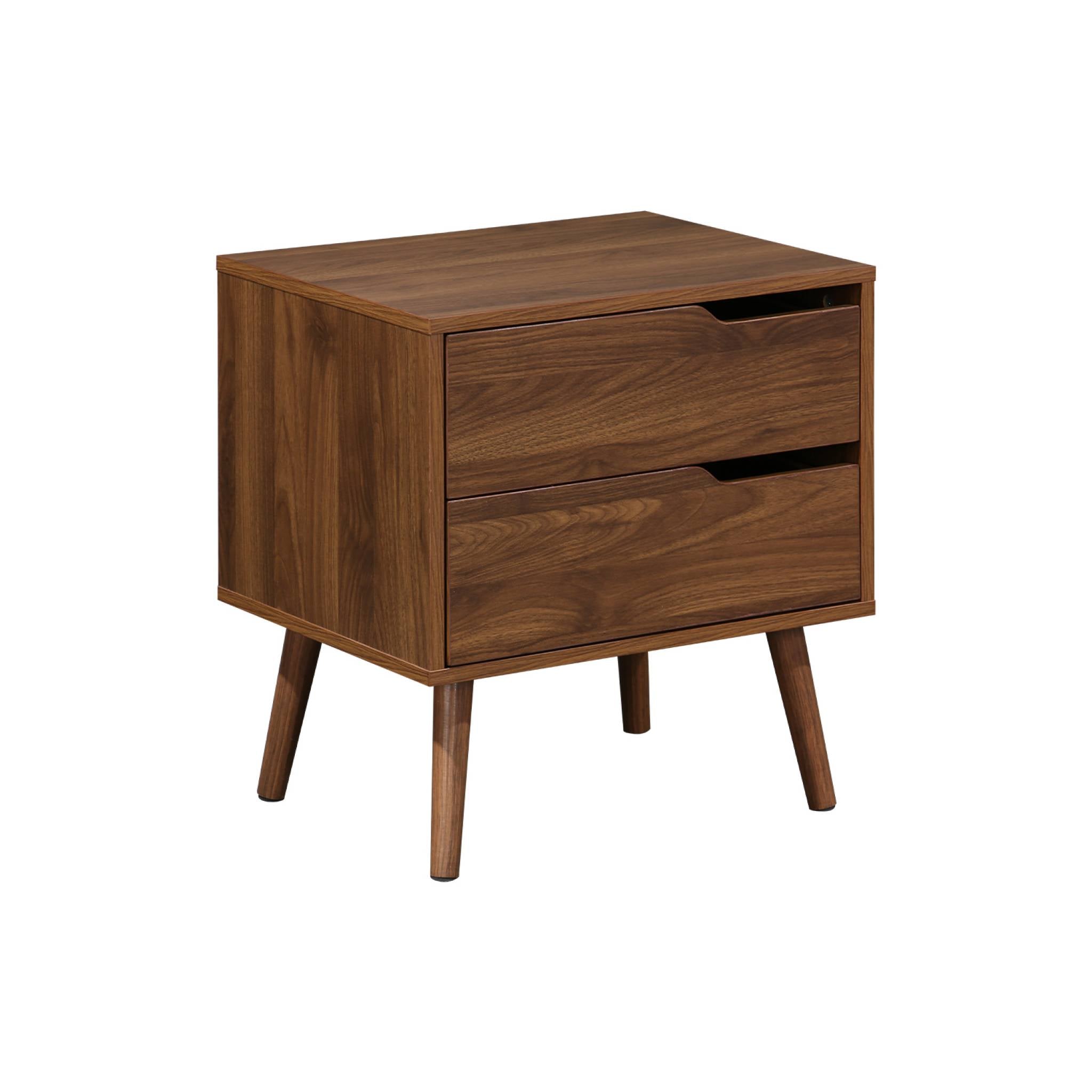 Comodino in legno tinto noce, 2 cassetti, marrone