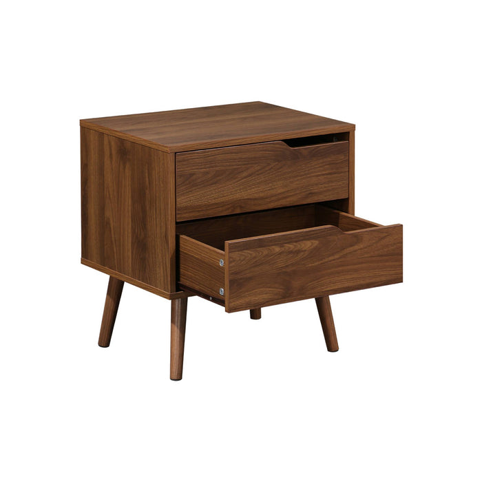 Comodino in legno tinto noce, 2 cassetti, marrone