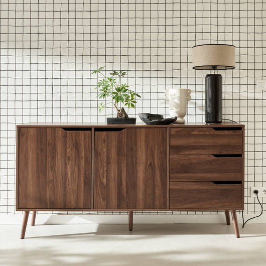 Credenza scandinava a 2 ante effetto legno di noce, 160cm, marrone