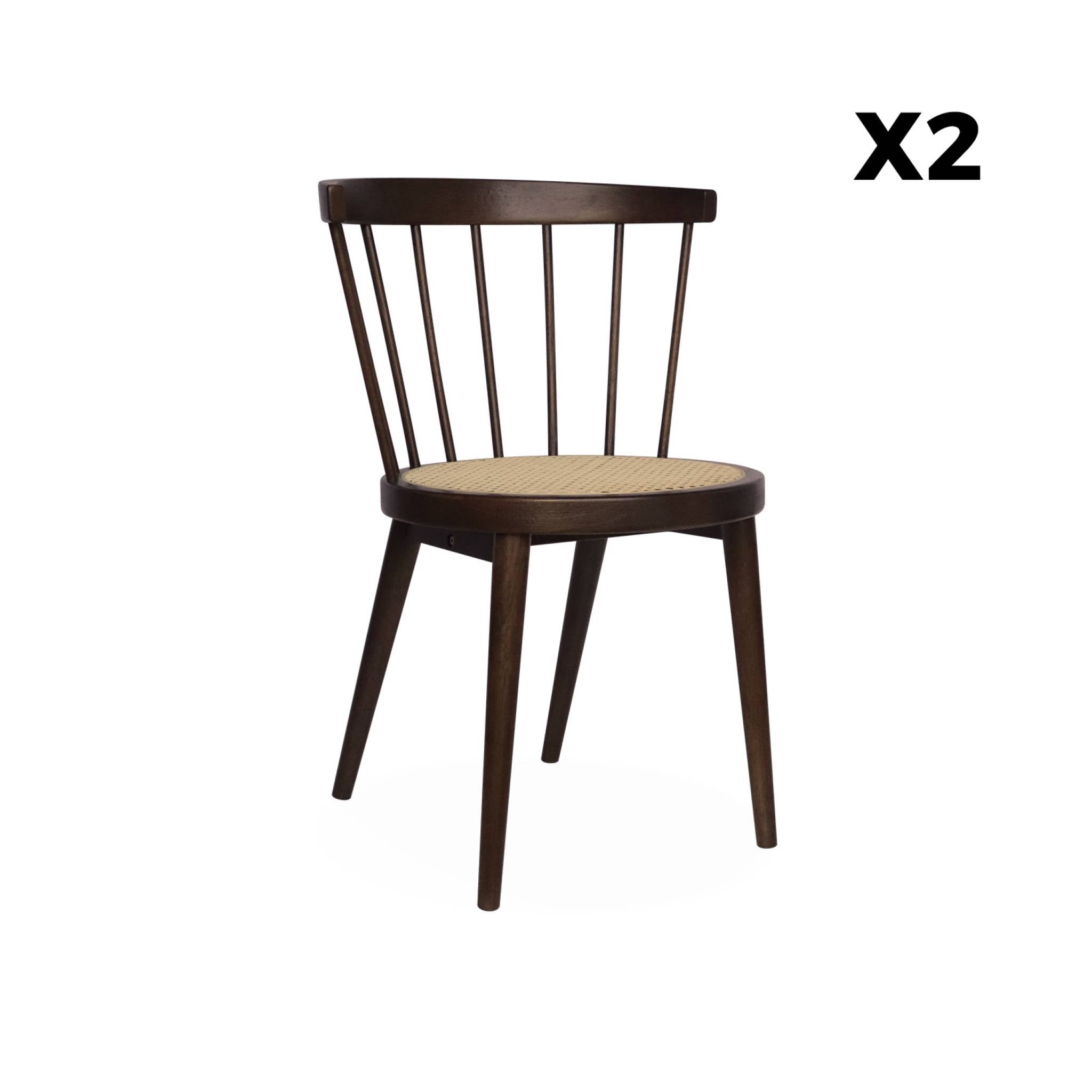 Set di 2 sedie in legno e rattan intrecciato, stile vimini, marrone