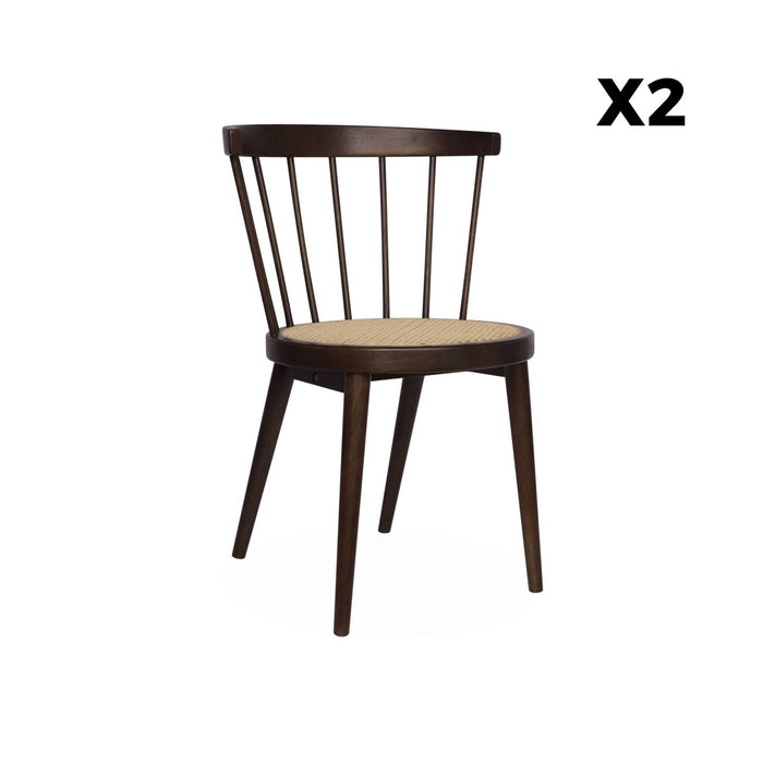 Set di 2 sedie in legno e rattan intrecciato, stile vimini, marrone