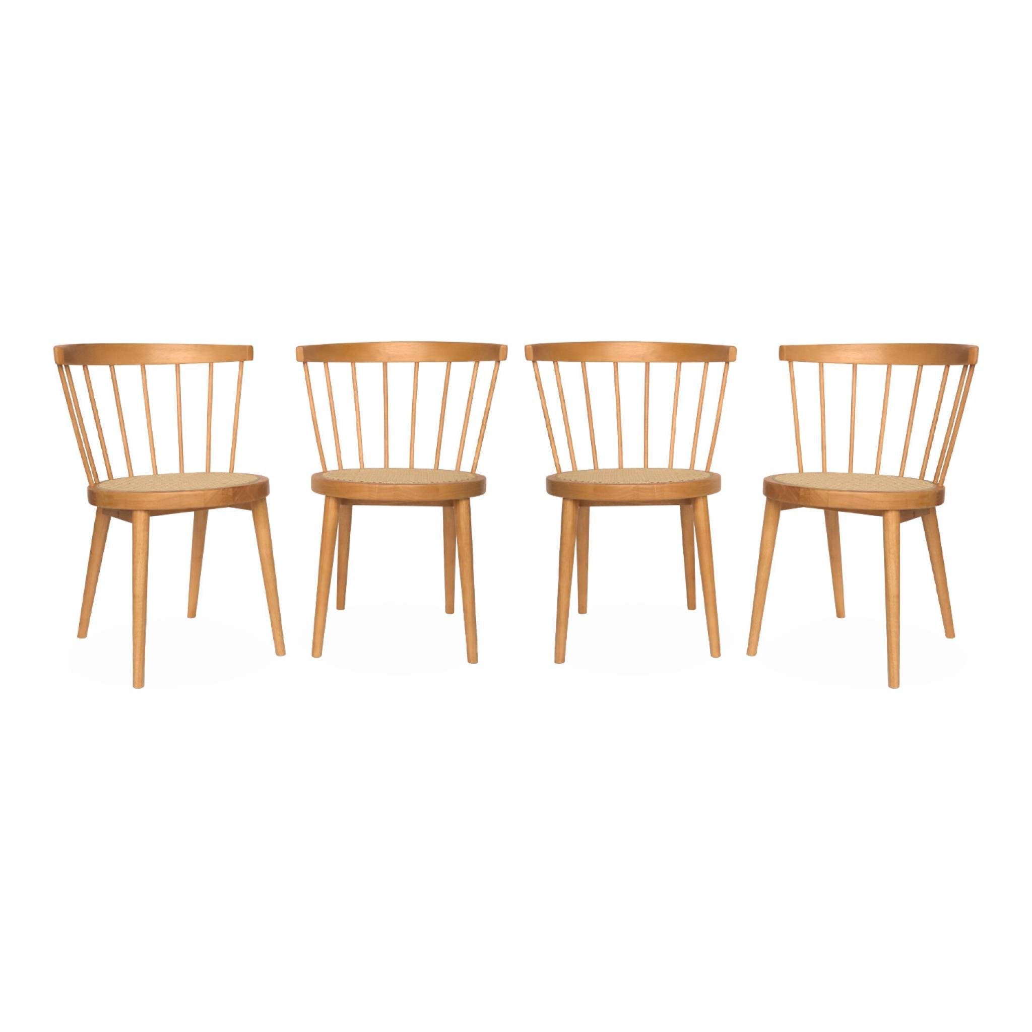 Set di 4 sedie in legno e paglia, marrone naturale